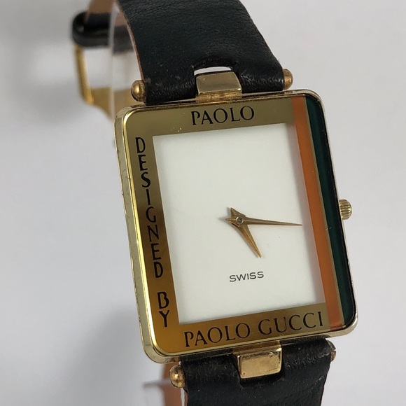 SOLD. Vintage Paolo Gucci Gold Tone Watch Navy Strap - Picture 3 of 8